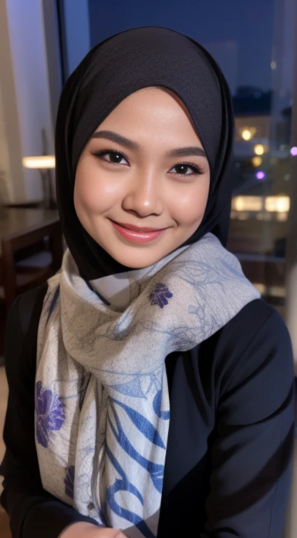 Malay girl in hijab wear tight floral dark baju kurung malaysia in college, wear back pack, front view, detail skin, detail skin texture, mole below eyes, small breast, big hip, big waist, big thigh, slim abs, beautiful body, nighttime, laughing, happy, bright lighting, college student in background, crowded college, blur background, bokeh, spectacles