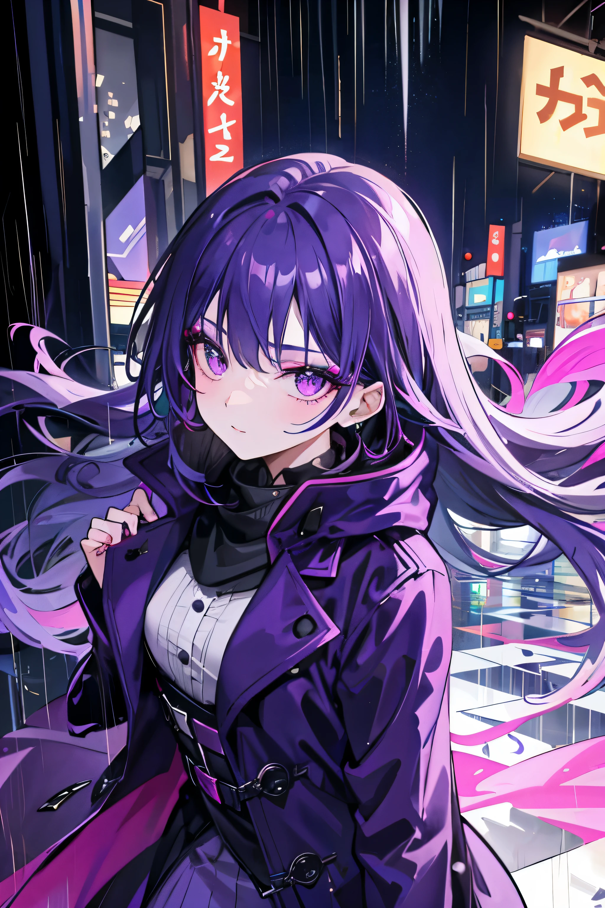 1girl, with vibrant makeup, in a night city covered in heavy rain, wearing an elegant purple coat, looking up with a confident expression.