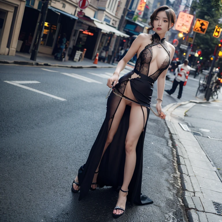 on the street,Life-length lace cheongsam,Hand holding metal chain,One side slit to the waist,No underwear,perspective