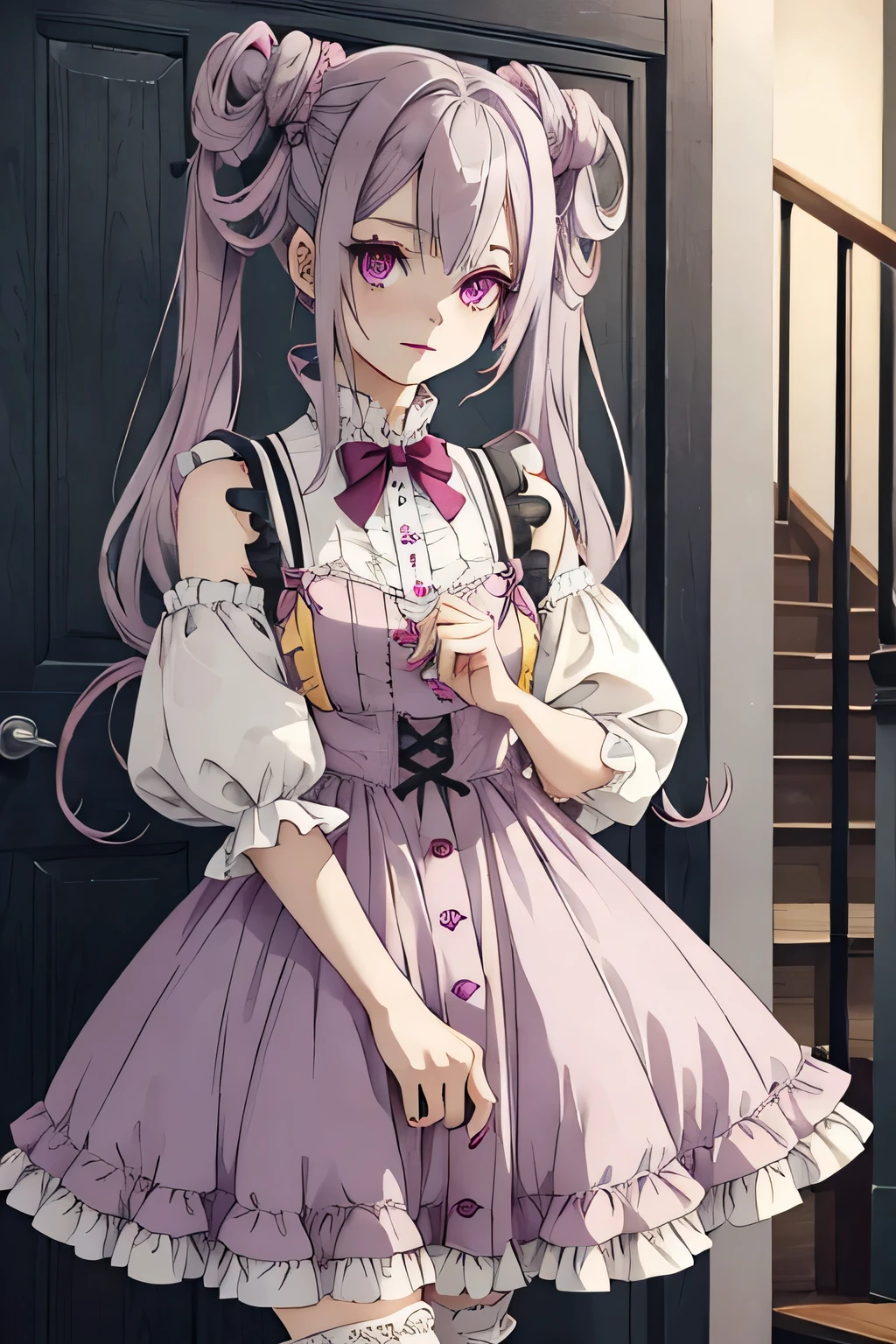 Cute gray pink hair，Red-green pupils，Yellow and purple clothes，Cthulhu-style warp, strange, but very beautiful ****ta dress.，This is a very sweet sweet girl