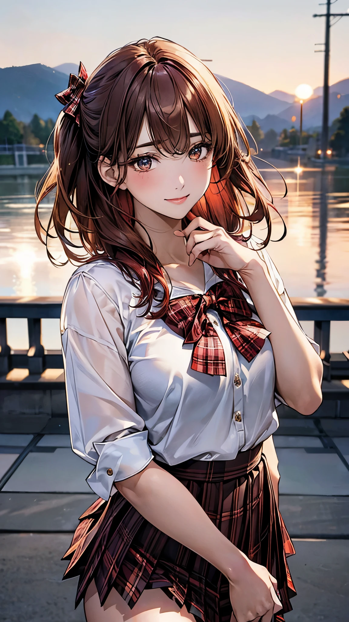 (masterpiece:1.2, top-quality), (realistic, photorealistic:1.4), beautiful illustration, (natural side lighting, movie lighting), 
looking at viewer, cowboy shot, front view, 1 girl, japanese, high school girl, perfect face, cute and symmetrical face, shiny skin, 
(middle hair:1.2, two side up:1.2, light brown hair), gold eyes, (large breasts:0.6, seductive thighs), 
beautiful hair, beautiful face, beautiful detailed eyes, beautiful clavicle, beautiful body, beautiful chest, beautiful thigh, beautiful legs, beautiful fingers, 
((white blouse shirt, navy pleated skirt, red plaid bow tie), red hair ribbon), 
(beautiful scenery), evening, riverside, walking, (lovely smile, upper eyes), 
