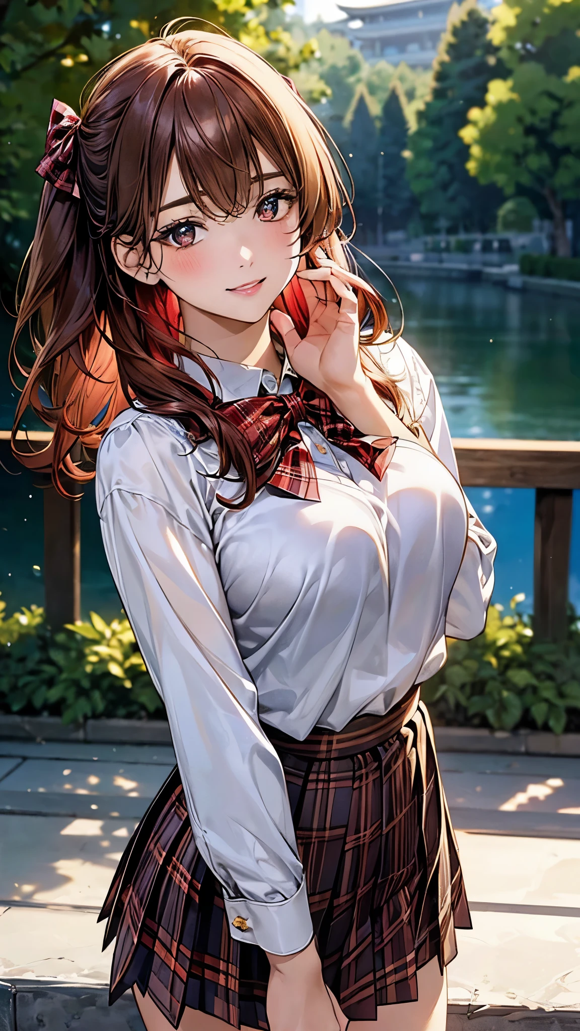 (masterpiece:1.2, top-quality), (realistic, photorealistic:1.4), beautiful illustration, (natural side lighting, movie lighting), 
looking at viewer, cowboy shot, front view, 1 girl, japanese, high school girl, perfect face, cute and symmetrical face, shiny skin, 
(middle hair:1.2, two side up:1.2, light brown hair), gold eyes, (large breasts:0.6, seductive thighs), 
beautiful hair, beautiful face, beautiful detailed eyes, beautiful clavicle, beautiful body, beautiful chest, beautiful thigh, beautiful legs, beautiful fingers, 
((white blouse shirt, navy pleated skirt, red plaid bow tie), red hair ribbon), 
(beautiful scenery), evening, riverside, walking, (lovely smile, upper eyes), 