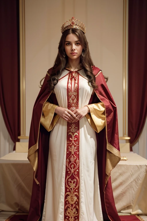 generate the image of royalty, a queen in a long dress, designed ciluette, wearing the king's cloak in red and white and a golden crown, her posture generates respect and trust.