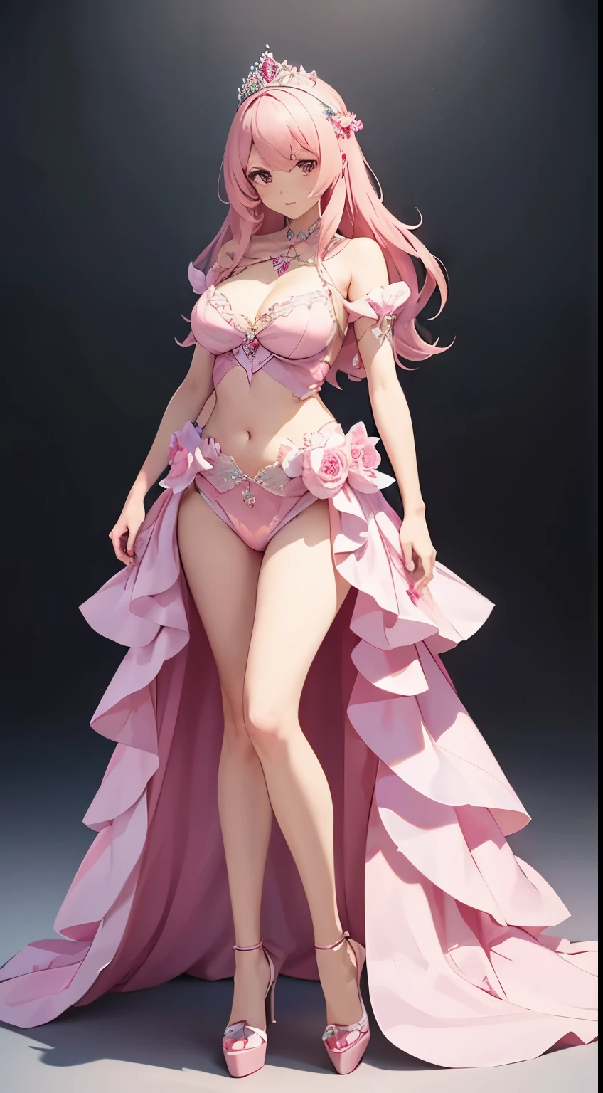 a full body of a woman in a pink dress with a crown on her head, 2. 5 d cgi anime fantasy artwork, anime fantasy artwork, beautiful fantasy anime, beautiful fantasy art, beautiful alluring anime woman, anime goddess, a beautiful fantasy empress, anime fantasy illustration, extremely detailed artgerm, 8k high quality detailed art, fantasy art style, heels, standing, transparent, princess, ballerina, ribbon on the back dress, sexy, belly button expose, idol