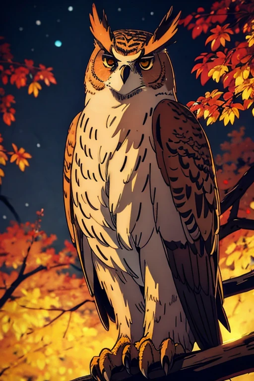 Eurasian eagle owl with brown eyes, sitting on a branch at night in a mappa art style. Vivid colors bring out the details of the owl's feathers and the surrounding environment. 