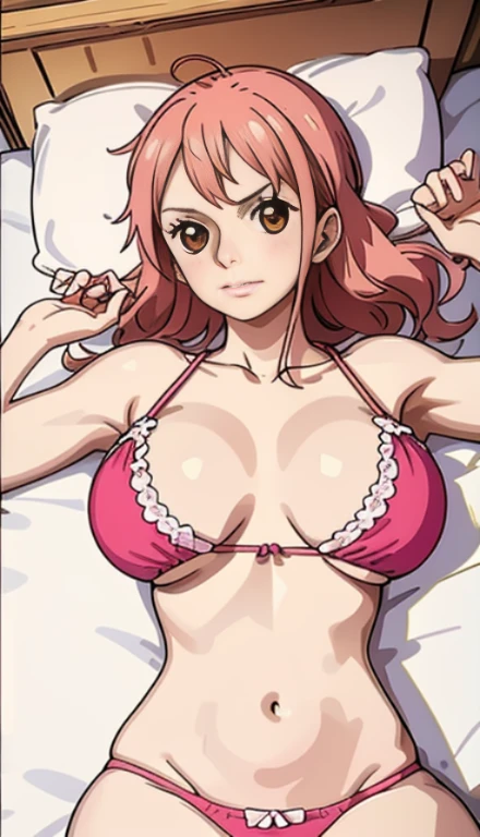 A girl,pink bra,red,big breasts,Lying in bed