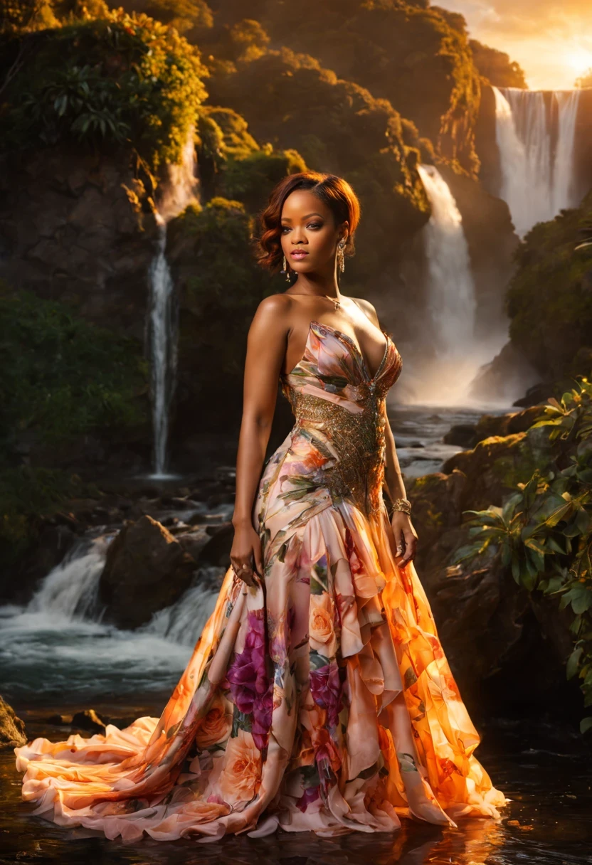 beautiful young lady (Rihanna), (27 anos), vestido longo Florido, de corpo inteiro, rocher, Very realistic waterfall, coucher du soleil, fleurs