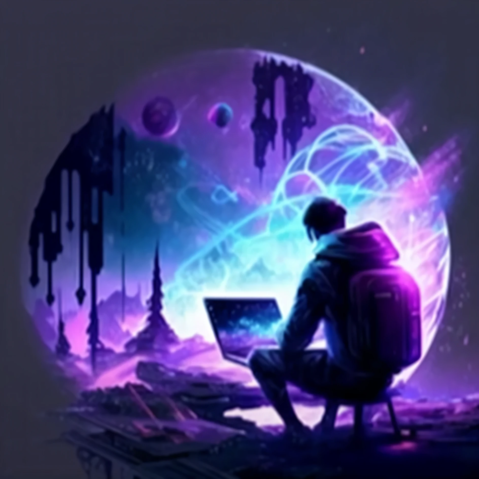 a close up of a person sitting on a chair with a laptop in shades of cyan, cyber space, background artwork, the encrypted metaverse, computer game art, deeper into the metaverse we go, inspired by Cyril Rolando, metaverse concept art, cyberspace, synthwave image, cyber universe, borne space library artwork