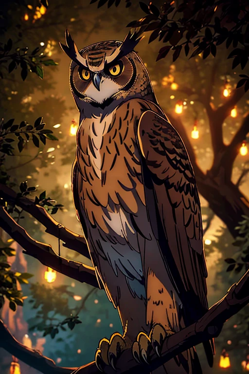 Eurasian eagle owl,brown eyes,bird of prey,sitting on a branch,nighttime,peaceful atmosphere,mappa art style,majestic,beautiful feathers,intense gaze,proud posture,imposing silhouette,sharp talons,feathery details,lush foliage surrounding the owl,dimly lit scene,dark color palette,dreamy ambiance,mystical aura,majestic creature