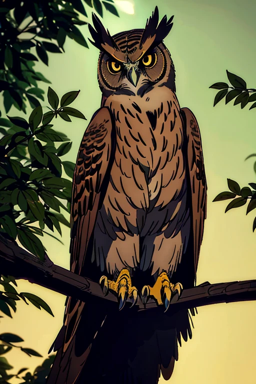 Eurasian eagle owl,brown eyes,bird of prey,sitting on a branch,nighttime,peaceful atmosphere,mappa art style,majestic,beautiful feathers,intense gaze,proud posture,imposing silhouette,sharp talons,feathery details,lush foliage surrounding the owl,dimly lit scene,dark color palette,dreamy ambiance,mystical aura,majestic creature