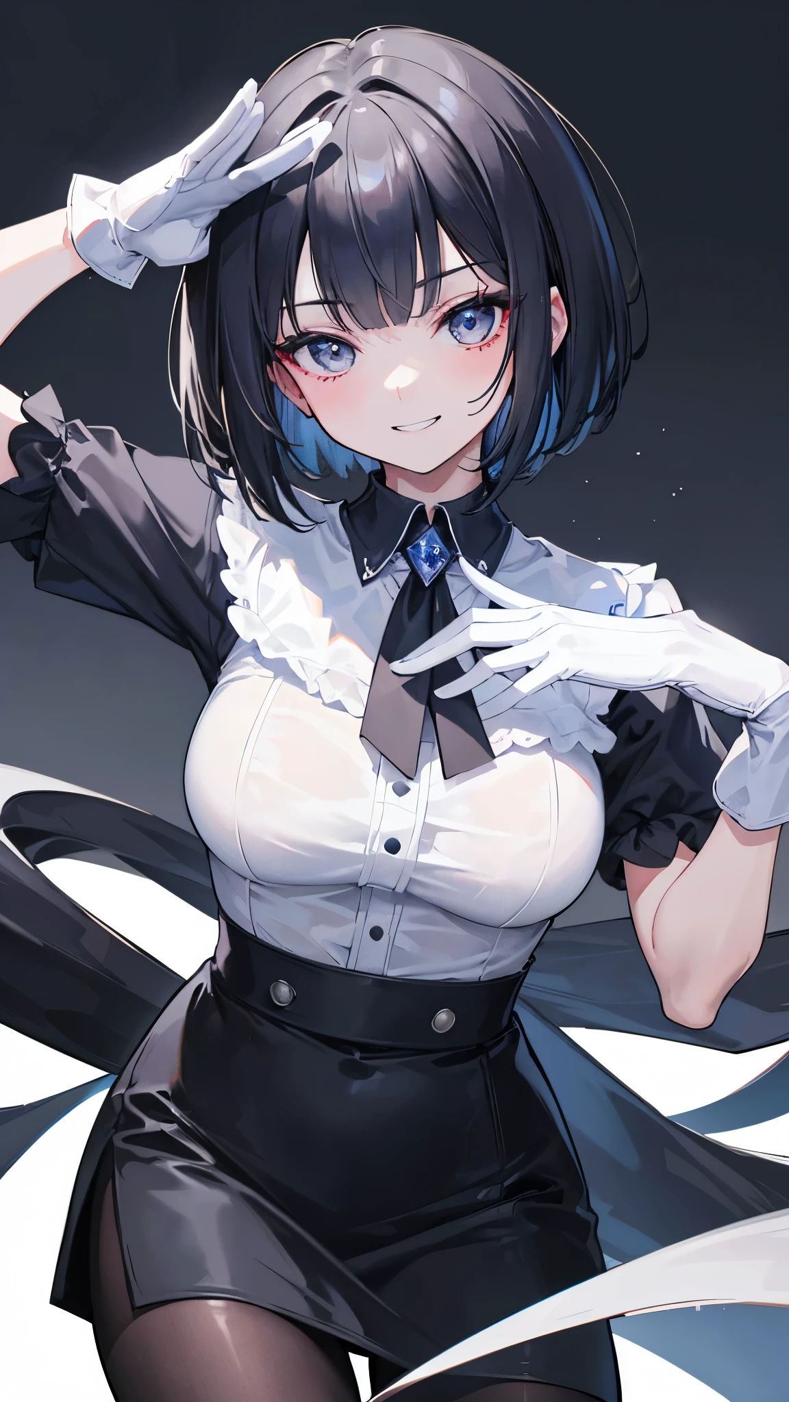 1girl, white skin, HDR, UHD, 8K, best quality, masterpiece, Highly detailed, ultra-fine painting, Vivid Colors, Cinematic Lighting, slender, head tilt, aqua eyes, seductive smile, straight hair, medium hair, (black hair), (human), (tuxedo), long pants, black pants, butler, cool+, tie, white gloves