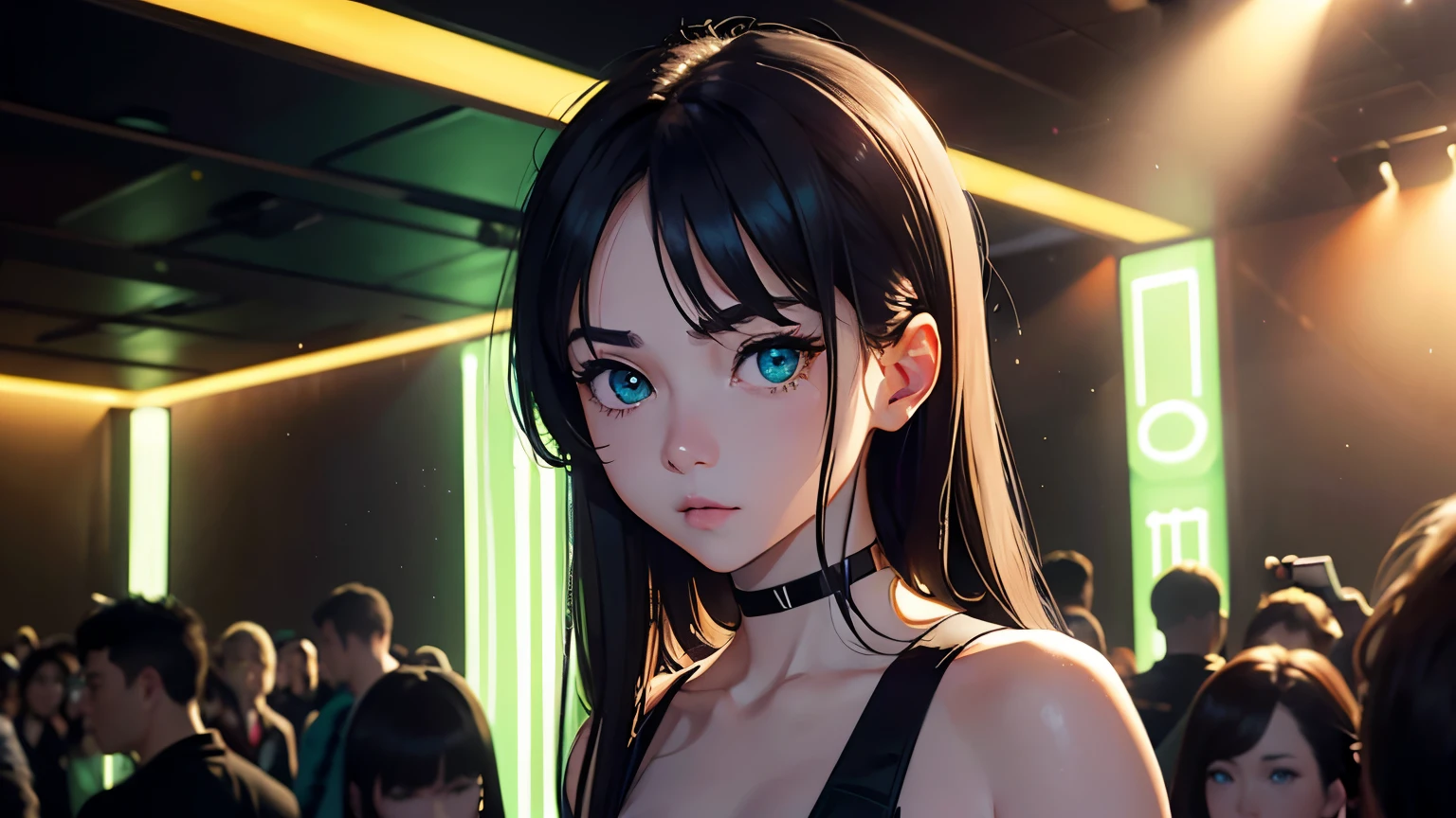 wide angle, 4K, A high resolution, Best quality at best, tmasterpiece, perfect colors, perfect shadow, perfect litthing, ((sportrait)), bright green eyes，With round lenses, The audience watched carefully, (s face: 1.2), Perfect female figure， ((90s crop top)), ((looking and shy at viewert)), (Perfect thick white eyebrows) Delicate fur, 详细s face, s the perfect shy face, At a  in an underground dance club , (Drink a glass of wine standing), Comfortable background, perfect  decoration, lighting atmosphere, ((Bonifasko lighting)), (The round lenses on his eyes)(詳細な目), Perfect student