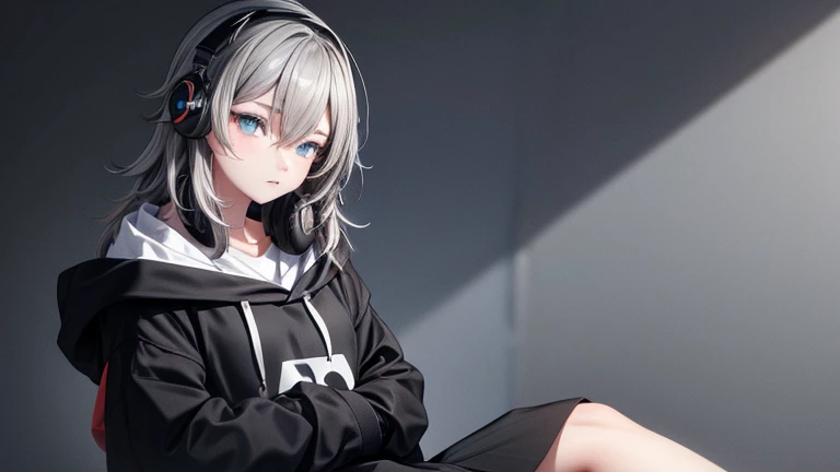 Teenage girl, wearing black hoodie and medium length skirt, blue eyes, grey background, wearing headphones, nervous