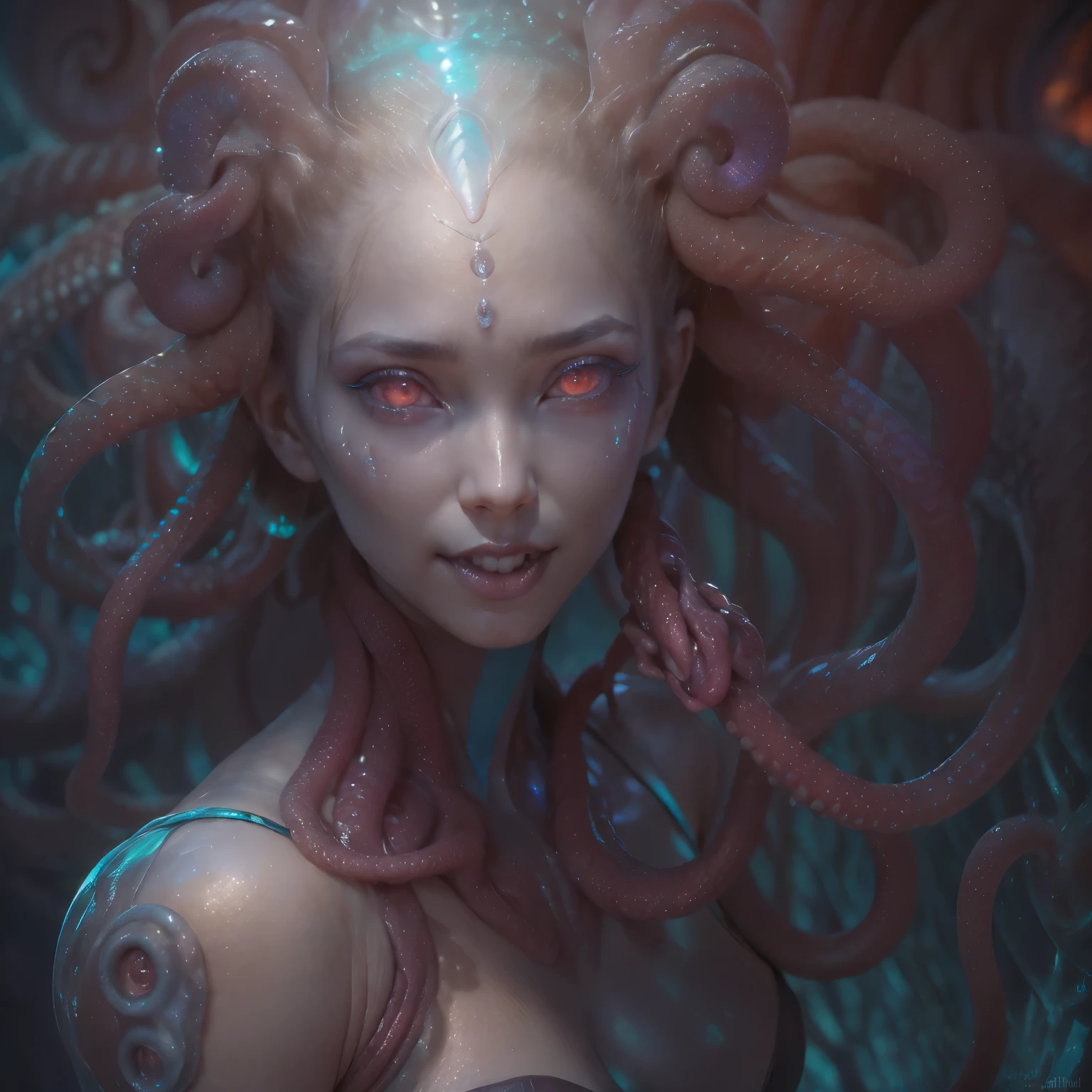 (1 beautiful and obscene female alien:1.4), (There is a female genital-like organ in the middle of her forehead:1.95), She has medusa-like hair, (there are lots of translucent tentacles from her head like her hair:1.5), (vulgarity1.7), (she is looking at viewers with glowing red eyes with no pupils:1.6), (She has translucent pale skin:1.4),(She has the most beautiful face in the history of the universe:1.2), (She has multiple bioluminescent organs on the side of her tentacles:1.4), (Her body is covered with an iridescent exoskeleton:1.6), (She is showing her arm pits:1.4), an evil gaze that seduces, (looking down:1.4), (sharp teeth like a vampire:1.2), Full body portrait, (bio luminescent:1.5), (Smile wickedly:1.3), (sexypose:1.5), alien, No humans, cells are fused, extraterrestrial, cell, bio image, ultra high resolution, (photos realistic:1.7), (Numerous award-winning masterpieces, with incredible detail, textures and maximum detail), High freshness, Dramatic Lighting, cinematic quality, (exquisite details:1.2), High freshness, drawing faithfully, (Thick eyebrows:1.2), Beautiful eyes with fine symmetry,(Highly detailed face and eyes:1.2),(Super detailed skin quality feeling:1.4), perfect anatomy, (Beautiful toned body:1.5), (Moist skin:1.2), not wearing makeup, (dark circles:1.1), long canines, cinematic drawing of characters, cinematic quality, (exquisite details:1.2), high resolution, High freshness, drawing faithfully, official art, Unity 8K Wall paper, ultra detailed artistic photography, midnight aura, unreal engine 5, Ultra Sharp Focus, art by Amano Yoshitaka, ArtGerm, Roisch, intricate artwork,ultra realistic realism, dream-like, Creation of fantasy, dream Snail, (biopunk nautilus:1.3),Thrilling color schemes, seductively smiling, Amazing mutation, well-proportioned body, goddess of the deep sea, fractal, Geometric pattern, impossible figures,(asymmetry:1.4), (white tentacles with blue stripes:1.4), subtle emerald green accents, (expression of ecstasy:1.6)