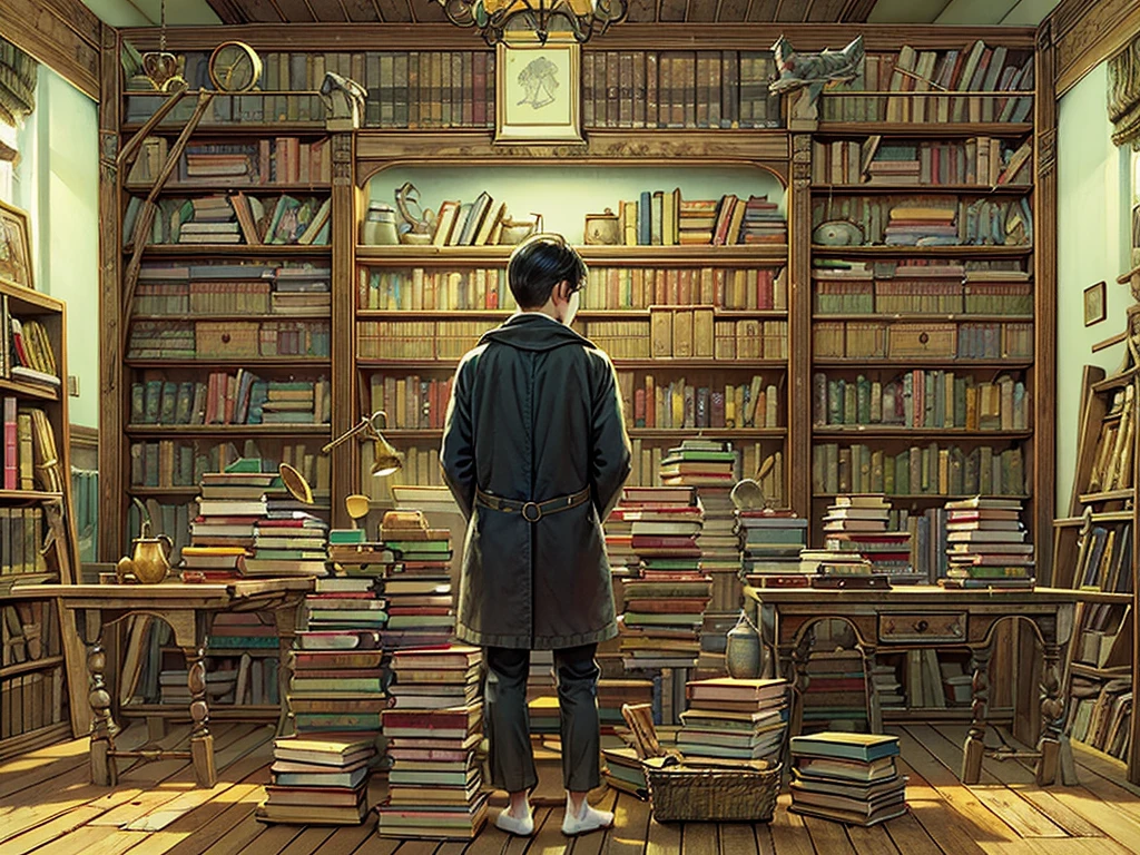 （（（masterpiece、Highest image quality、highest quality、highly detailed unity 8ｋwallpaper）））、（（（fantasy、grand library）））、（Large amount of books、Lined bookshelves、books stuck on the bookshelf、complex and three-dimensional room）、high ceilings、dimly lit room、A messy floor with piles of books