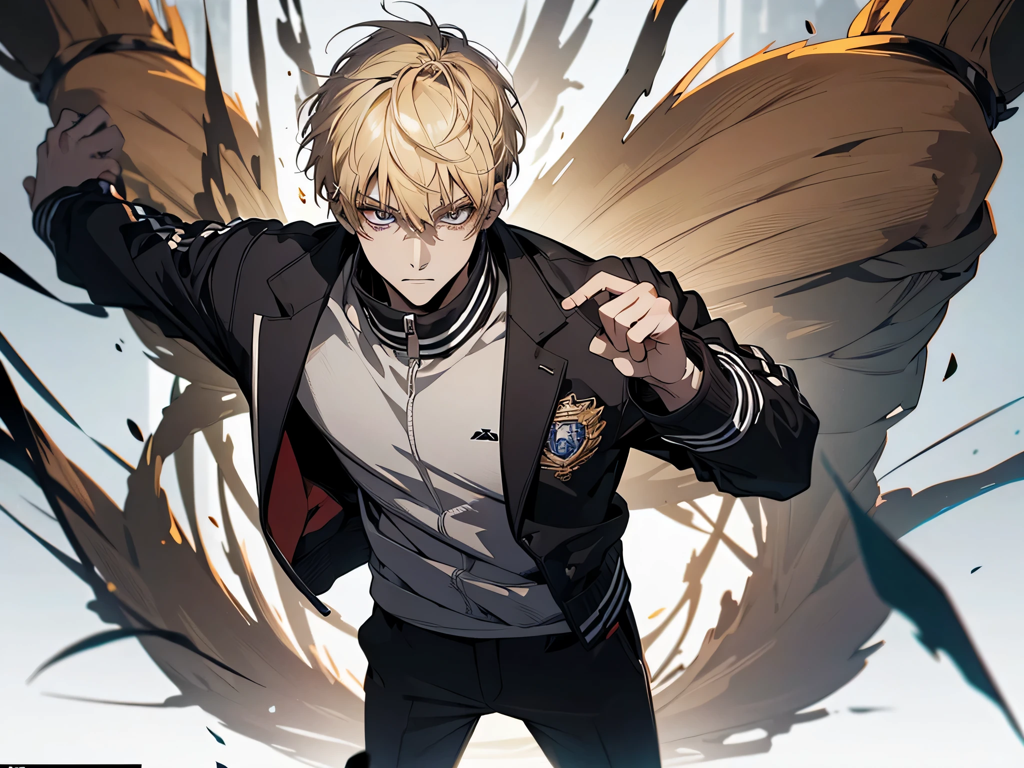 1 man, blonde hair, short hair, wearing athletic jacket, fighting pose, standing, face to detail, detailed eyes, the background is dungeon full of monster, full-body illustration