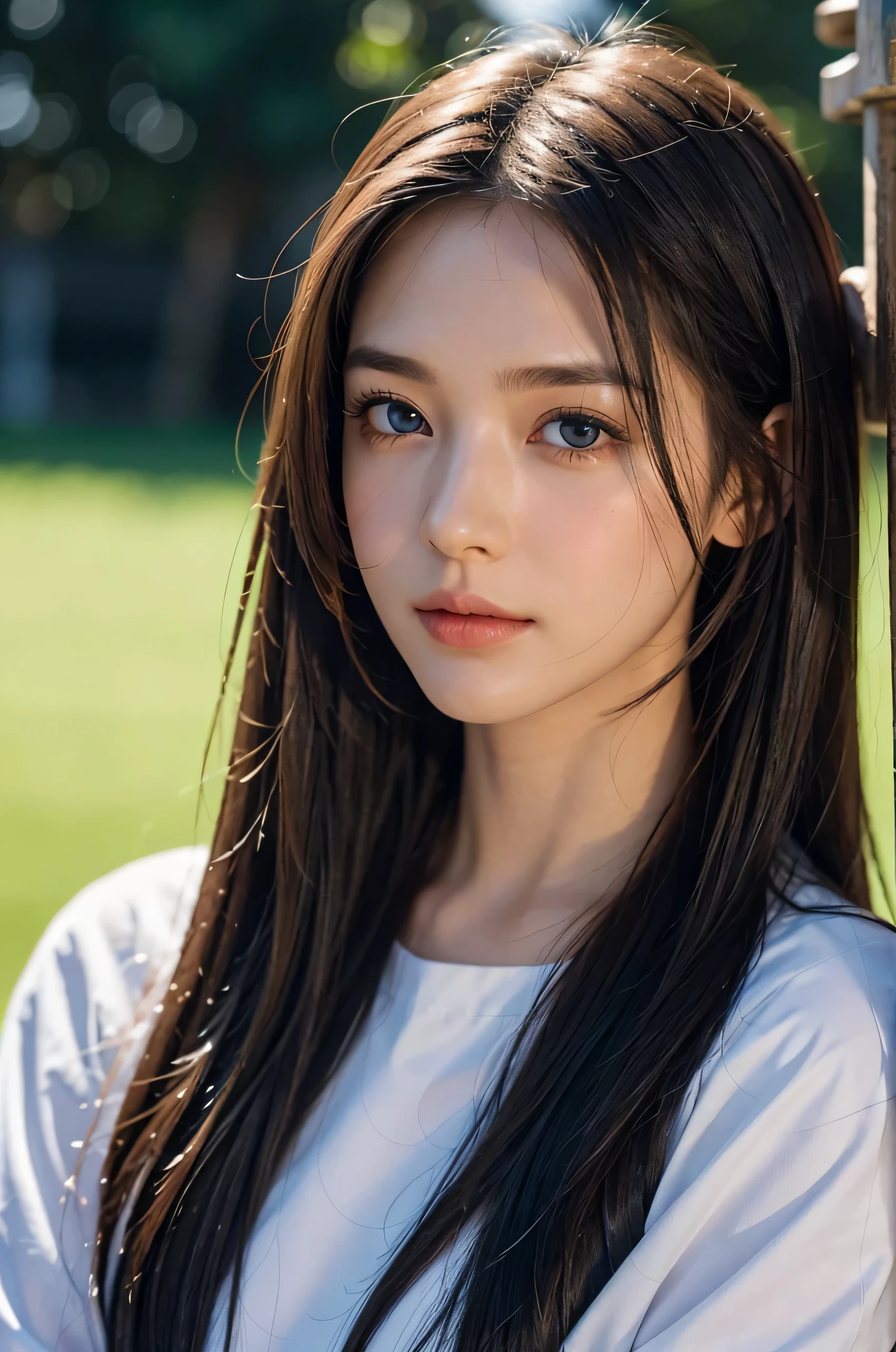 1 girl, cute, cute, gentle features、glossy lips、 blue eyes, double eyelids in both eyes、natural makeup, sad smile, (eye highlights:1.2), long eyelashes are bright, medium hair, smooth light bright golden hair, hair swaying in the wind, bangs、center image、8K、high detail、detailed hairstyle、detailed face、great movie lighting、octane rendering、vibrant、surreal、perfect limbs、perfect anatomy, beautiful proportions,