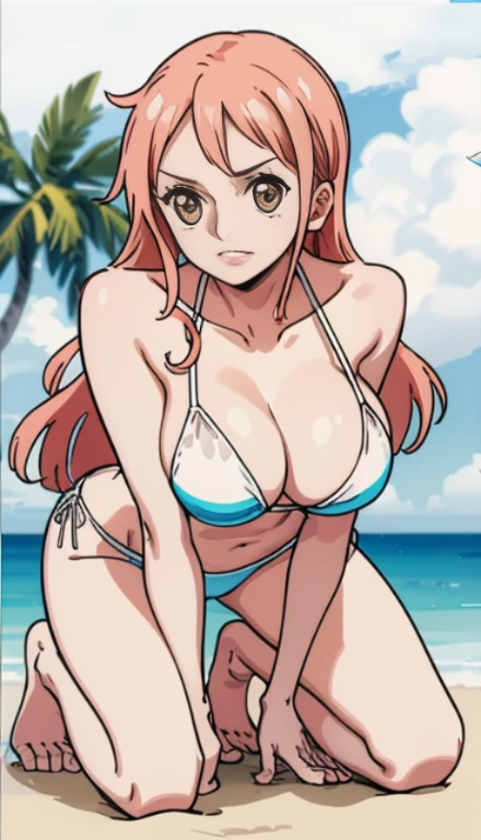 a girl,white bra,pink,Kneel on the beach
