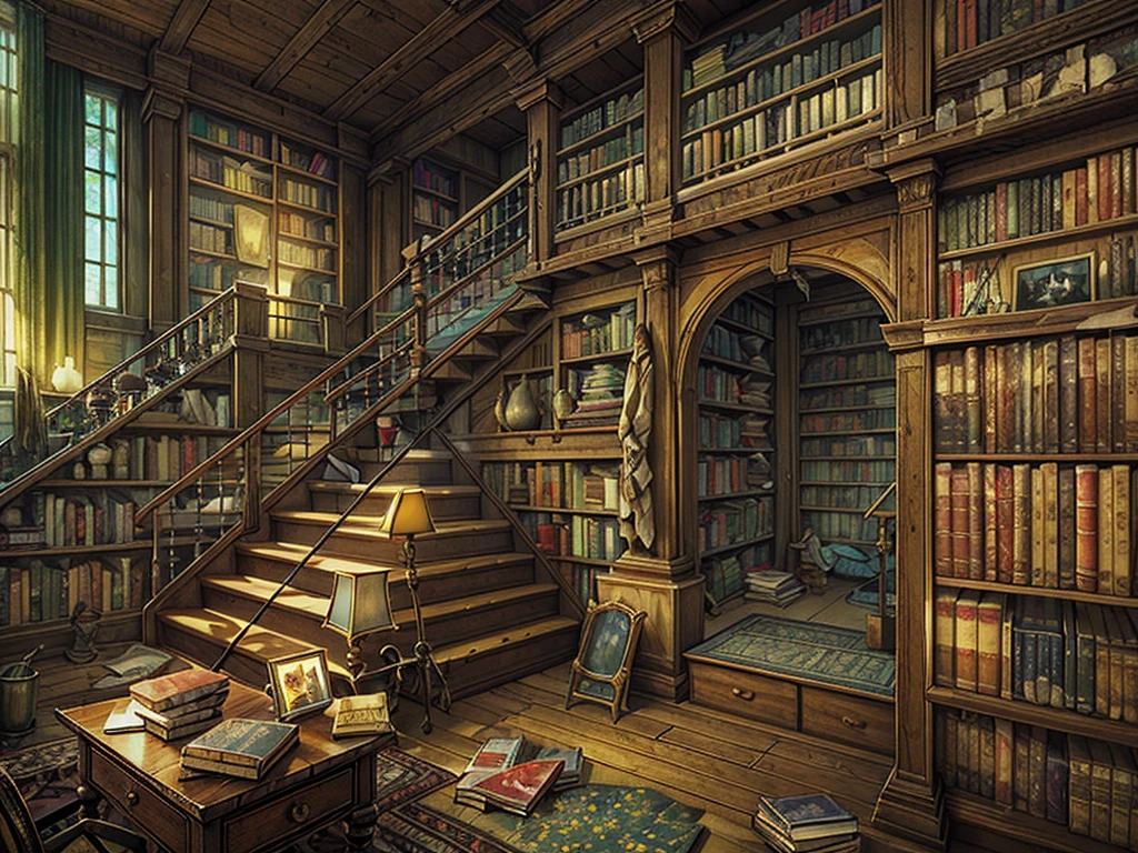 (((masterpiece、Highest image quality、highest quality、highly detailed unity 8kwallpaper)))、(((fantasy、grand library)))、(Large amount of books、Lined bookshelves、books stuck on the bookshelf、complex and three-dimensional room)、high ceilings、dimly lit room、A messy floor with piles of books