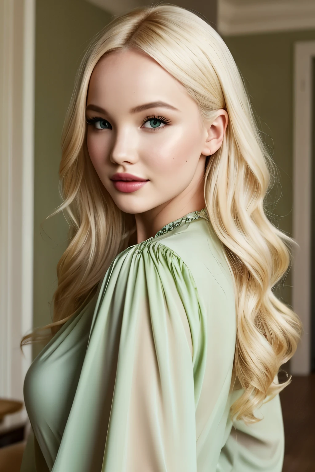 Dove Cameron, with her radiant natural blonde hair cascading down her shoulders, wearing a long-sleeved verdant blouse that accentuates her figure, paired with jeans, captivates the viewer in a full-bodied portrait: 1.4. Her skin exhibits a luminous texture, detailed pores, and a gentle glow. Her eyes, as captivating as the green hue of her blouse, are highly detailed, with brilliant light reflecting off their surface. The atmosphere is soft, with natural light illuminating her face, giving her a dreamlike quality. Dove's allure is undeniable, as she gazes off into