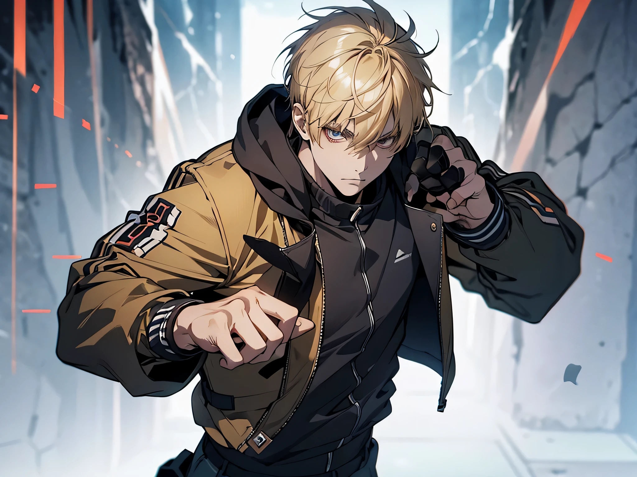 1 man, blonde hair, short hair, wearing athletic jacket, fighting pose, standing, face to detail, detailed eyes, the background is dungeon full of monster, full-body illustration