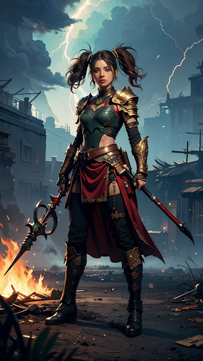 (((woman))), (((full body))), (((best quality))), (((masterpiece))), (((adult))), female warrior with a perfect body, holding a staff ((supported on the shoulders)), battle outfit, ((undercut hair style)), full clothing shades of green with lightning gold pattern, armor, tribal tattoo