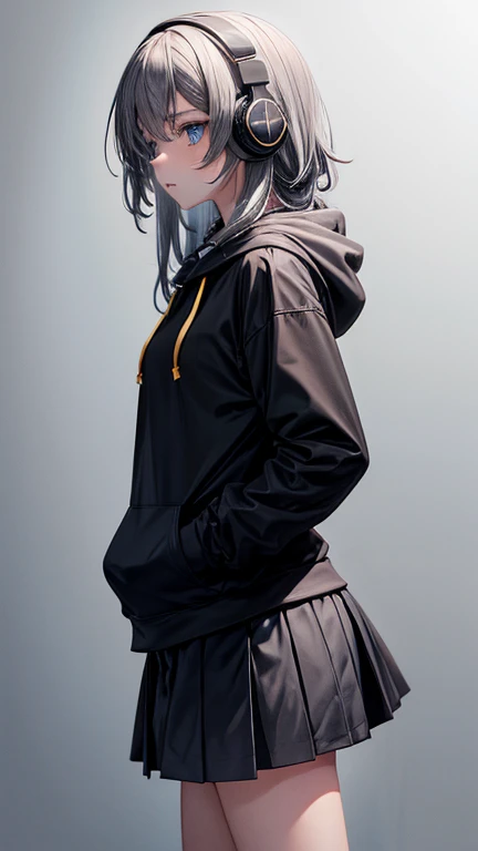 Teenage girl, wearing black hoodie and medium length skirt, blue eyes, grey background, wearing headphones, nervous