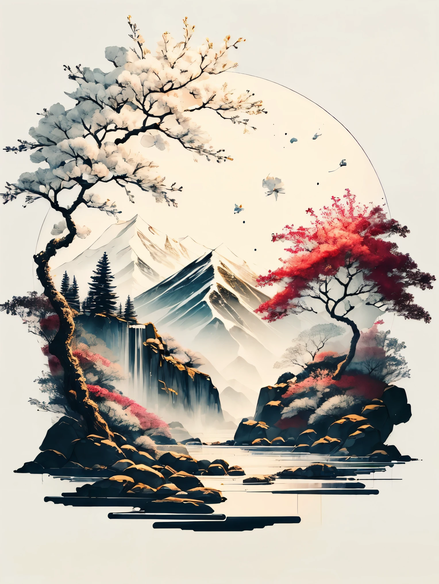 (white background:1.3), scenery, cherries in the snow, iced water, trees, ink
