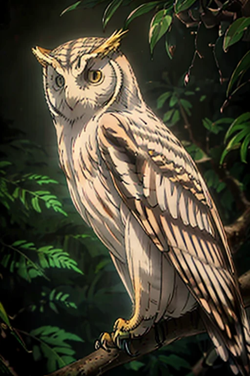 A white-faced northern scops owl with brown eyes, sitting on a branch, in a mappa art style. Vivid colors bring out the details of the owl's feathers and the surrounding environment. The image is of high resolution, with realistic rendering that captures the intricate textures of the owl's plumage. The lighting highlights the owl's features, casting soft shadows on the branch.