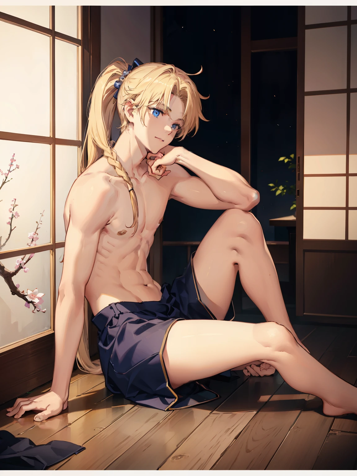 1boy,Masculinity,blond hair,ponytail,blue eyes,no bra,A Japanese-style room,sitting,late at night,alone