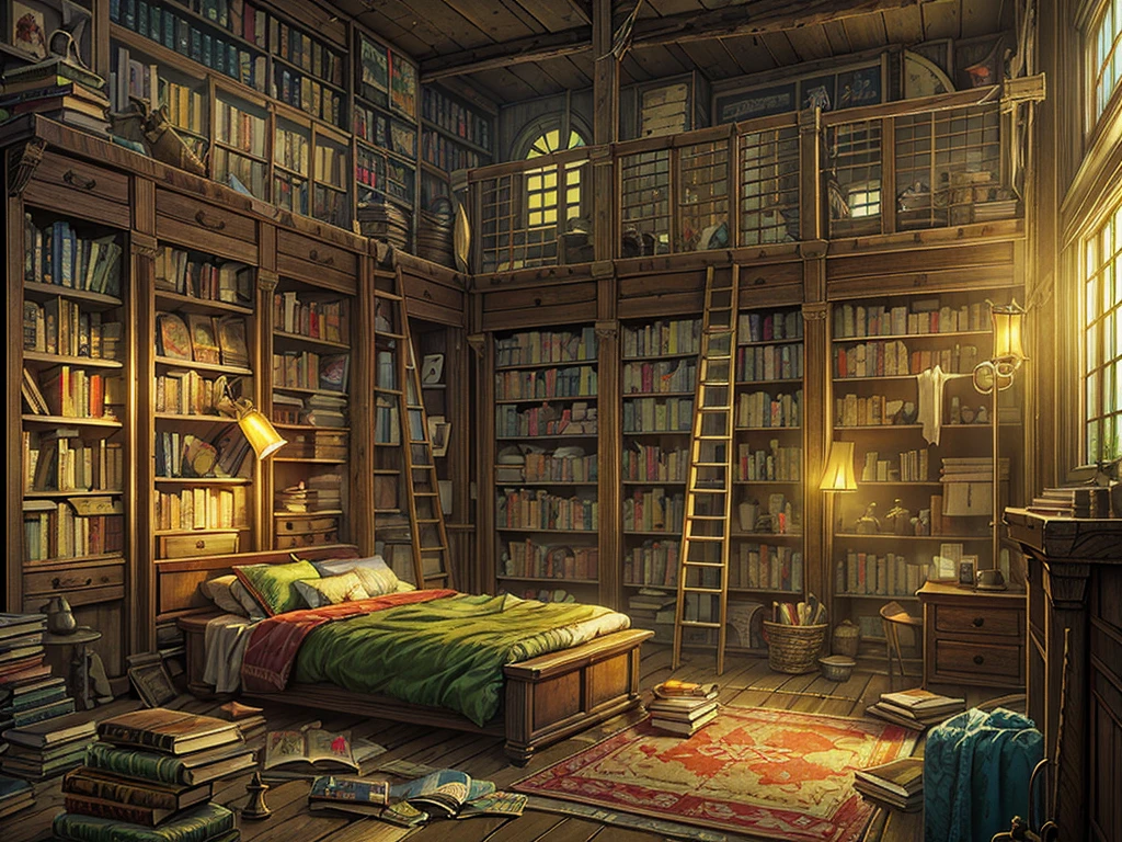 (((masterpiece、Highest image quality、highest quality、highly detailed unity 8kwallpaper)))、(((fantasy、grand library)))、(Large amount of books、Lined bookshelves、books stuck on the bookshelf、complex and three-dimensional room)、high ceilings、dimly lit room、A messy floor with piles of books