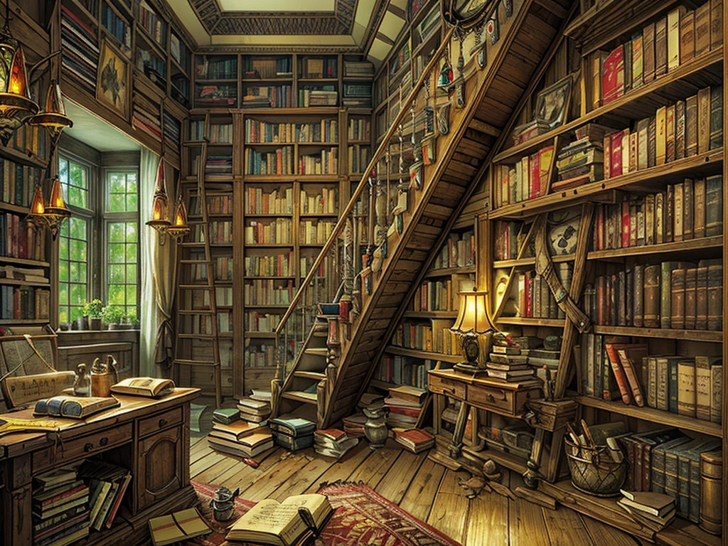 (((masterpiece、Highest image quality、highest quality、highly detailed unity 8kwallpaper)))、(((fantasy、grand library)))、(Large amount of books、Lined bookshelves、books stuck on the bookshelf、complex and three-dimensional room)、high ceilings、dimly lit room、A messy floor with piles of books
