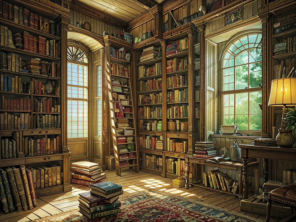 (((masterpiece、Highest image quality、highest quality、highly detailed unity 8kwallpaper)))、(((fantasy、grand library)))、(Large amount of books、Lined bookshelves、books stuck on the bookshelf、complex and three-dimensional room)、high ceilings、dimly lit room、A messy floor with piles of books
