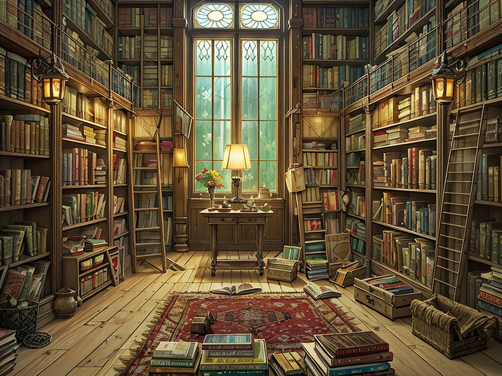 (((masterpiece、Highest image quality、highest quality、highly detailed unity 8kwallpaper)))、(((fantasy、grand library)))、(Large amount of books、Lined bookshelves、books stuck on the bookshelf、complex and three-dimensional room)、high ceilings、dimly lit room、A messy floor with piles of books