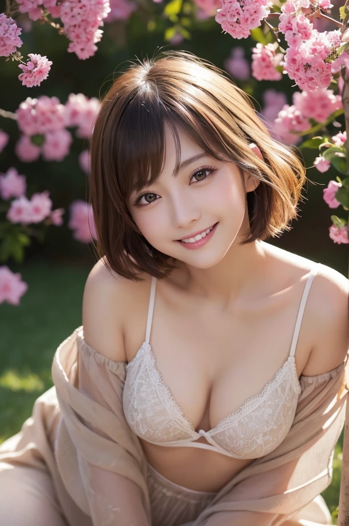 masutepiece, Best Quality, Illustration, Ultra-detailed, finely detail, hight resolution, 8K Wallpaper, Perfect dynamic composition, Beautiful detailed eyes, Women's Fashion Summer,Short bob hair,Small breasts natural color lip, Bold sexy poses,Smile,Harajuku、20 years girl、Cute、Sexy shot looking at camera