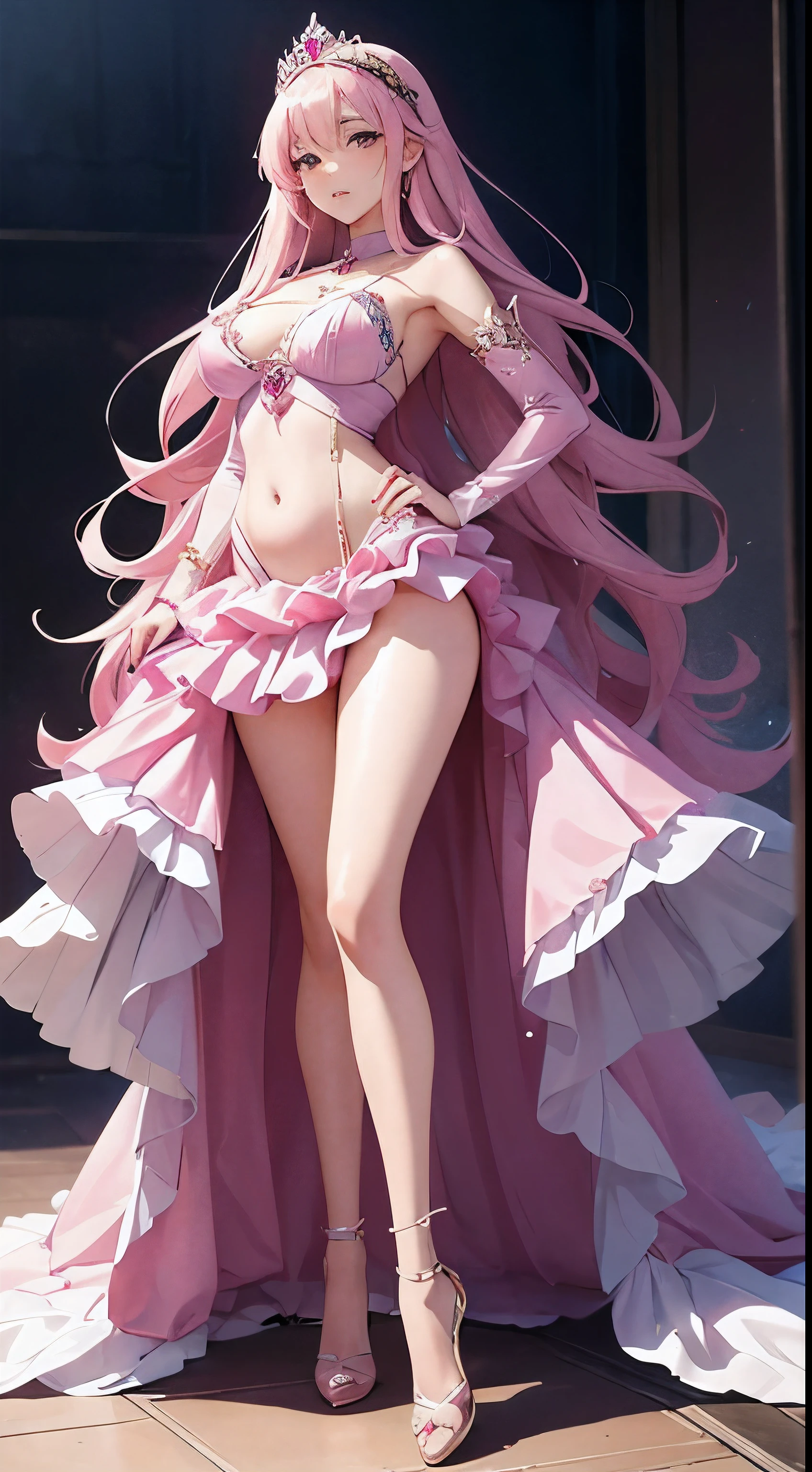 a full body of a woman in a pink dress with a crown on her head, 2. 5 d cgi anime fantasy artwork, anime fantasy artwork, beautiful fantasy anime, beautiful fantasy art, beautiful alluring anime woman, anime goddess, a beautiful fantasy empress, anime fantasy illustration, extremely detailed artgerm, 8k high quality detailed art, fantasy art style, heels, standing, transparent, princess, ballerina, ribbon on the back dress, sexy, belly button expose, idol