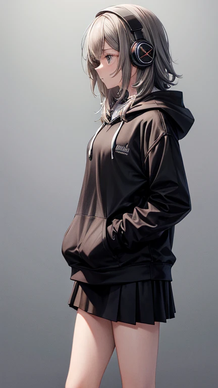 Teenage girl, wearing black hoodie and medium length skirt, grey background, wearing headphones, nervous