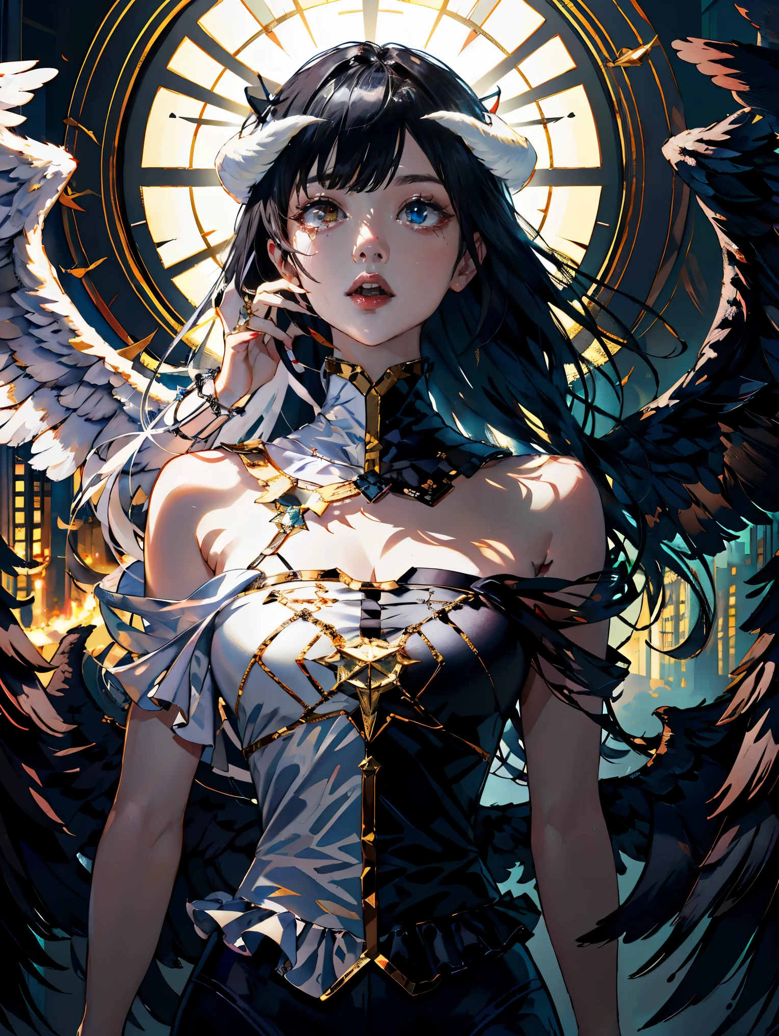 (masterpiece:1.3),(best quality:1.2),8k,absurdres,unity 8k wallpapper,(extremely detailed:1.3),highestres,
1girl, ,heterochromia, white hair, black hair, split theme, angel,devil,wings,