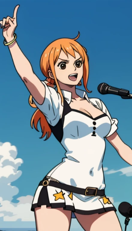 HD quality,sunny,A female singer,Wear a miniskirt,Singing on the open stage