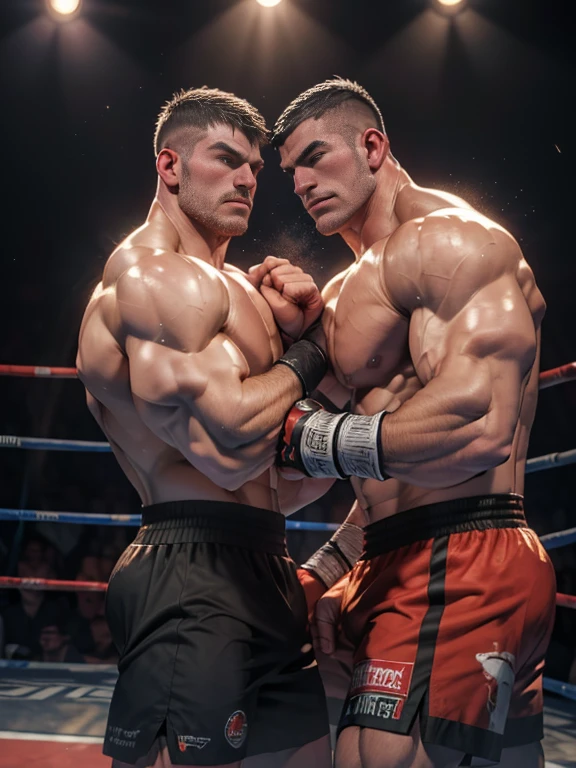 3D Photorealistic, Masterpiece realistic, best high quality, perfect details, RAW Photo, intricate details, nice lighting, 4K, detailed background, In the championship boxing match, 2 muscular boxers sparring white and black, trading blow, correct muscle anatomy, look at each other, perfect hands anatomy.