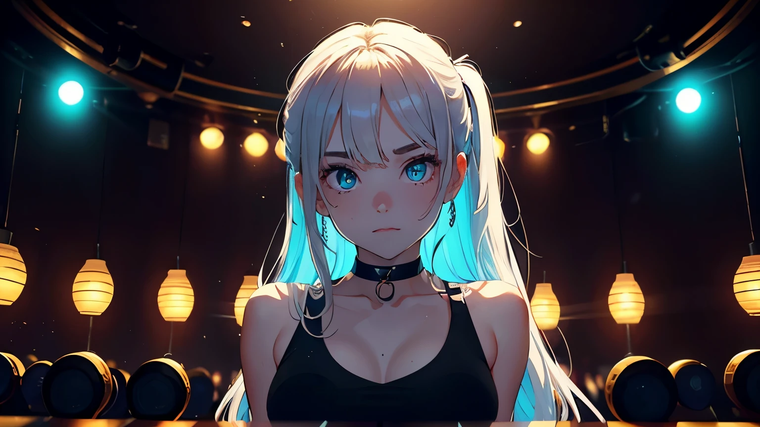 wide angle, 4K, A high resolution, Best quality at best, tmasterpiece, perfect colors, perfect shadow, perfect litthing, ((sportrait)), bright green eyes,With round lenses, The audience watched carefully, (s face: 1.2), Perfect female figure, ((90s crop top)), ((looking and shy at viewert)), (Perfect thick white eyebrows) Delicate fur, 详细s face, s the perfect shy face, At a in an underground dance club , (Drink a glass of wine standing), Comfortable background, perfect decoration, lighting atmosphere, ((Bonifasko lighting)), (The round lenses on his eyes)(詳細な目), Perfect student