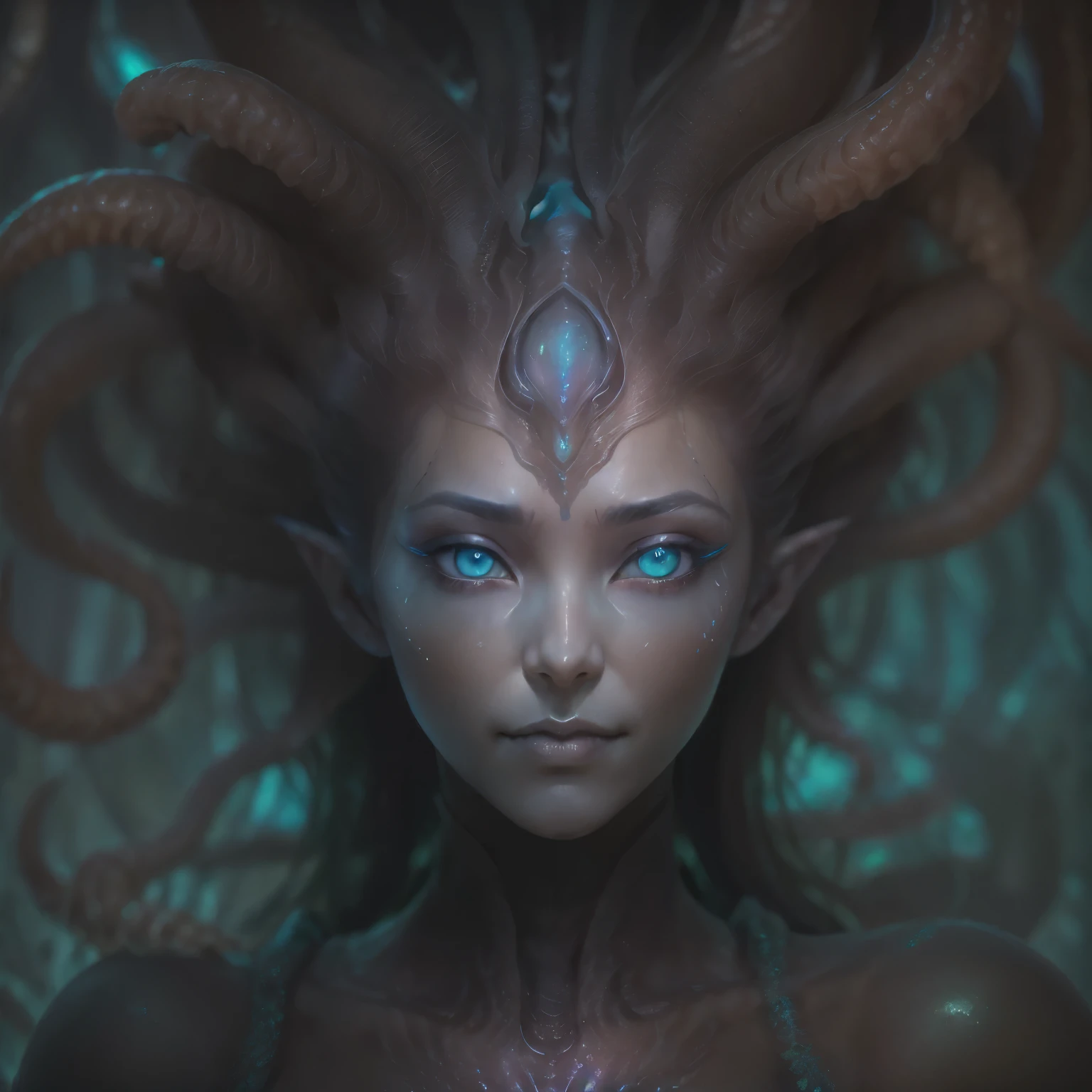 (1 beautiful and obscene female alien:1.4), (There is a female genital-like organ in the middle of her forehead:1.95), She has medusa-like hair, (there are lots of translucent tentacles from her head like her hair:1.5), (vulgarity1.7), (she is looking at viewers with glowing red eyes with no pupils:1.6), (She has translucent pale skin:1.4),(She has the most beautiful face in the history of the universe:1.2), (She has multiple bioluminescent organs on the side of her tentacles:1.4), (Her body is covered with an iridescent exoskeleton:1.6), (She is showing her arm pits:1.4), an evil gaze that seduces, (looking down:1.4), (sharp teeth like a vampire:1.2), Full body portrait, (bio luminescent:1.5), (Smile wickedly:1.3), (sexypose:1.5), alien, No humans, cells are fused, extraterrestrial, cell, bio image, ultra high resolution, (photos realistic:1.7), (Numerous award-winning masterpieces, with incredible detail, textures and maximum detail), High freshness, Dramatic Lighting, cinematic quality, (exquisite details:1.2), High freshness, drawing faithfully, (Thick eyebrows:1.2), Beautiful eyes with fine symmetry,(Highly detailed face and eyes:1.2),(Super detailed skin quality feeling:1.4), perfect anatomy, (Beautiful toned body:1.5), (Moist skin:1.2), not wearing makeup, (dark circles:1.1), long canines, cinematic drawing of characters, cinematic quality, (exquisite details:1.2), high resolution, High freshness, drawing faithfully, official art, Unity 8K Wall paper, ultra detailed artistic photography, midnight aura, unreal engine 5, Ultra Sharp Focus, art by Amano Yoshitaka, ArtGerm, Roisch, intricate artwork,ultra realistic realism, dream-like, Creation of fantasy, dream Snail, (biopunk nautilus:1.3),Thrilling color schemes, seductively smiling, Amazing mutation, well-proportioned body, goddess of the deep sea, fractal, Geometric pattern, impossible figures,(asymmetry:1.4), (white tentacles with blue stripes:1.4), subtle emerald green accents, (expression of ecstasy:1.6)