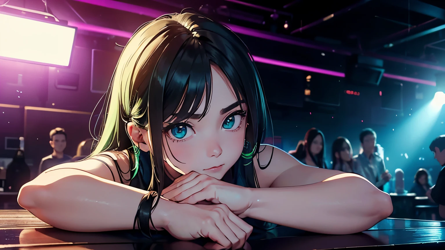 wide angle, 4K, A high resolution, Best quality at best, tmasterpiece, perfect colors, perfect shadow, perfect litthing, ((sportrait)), bright green eyes,With round lenses, The audience watched carefully, (s face: 1.2), Perfect female figure, ((90s crop top)), ((looking and shy at viewert)), (Perfect thick white eyebrows) Delicate fur, 详细s face, s the perfect shy face, At a in an underground dance club , (Drink a glass of wine standing), Comfortable background, perfect decoration, lighting atmosphere, ((Bonifasko lighting)), (The round lenses on his eyes)(詳細な目), Perfect student