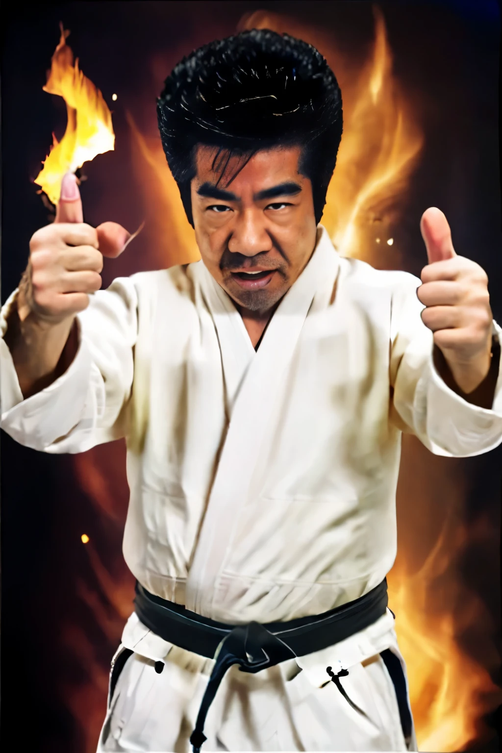 segata, segata sanshiro, serious look, masterpiece, best quality, male, outdoor, dougi, pants, pointing, pointing finger,
outside, apocalypse, explosions, fire, embers, lightning