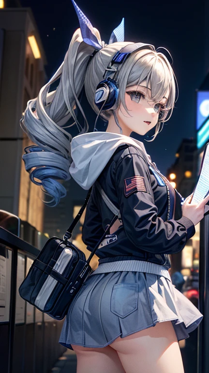 age girl with drill ponytail, wearing black hoodie and medium length skirt, blue eyes, grey background, wearing headphones, nervous