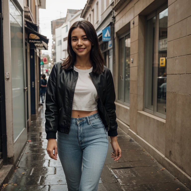 Modelo brasileira, friendly about 20 years, sorrir, academia, coffee shop, Outside, Rua, Rua outfit, roupas casuais chuva, cabelo molhado, guarda chuva, water, nuvem, nublado, Denim Jeans Pants, spontaneous black jacket, andando pela rua, passeando, smiling distractedly 