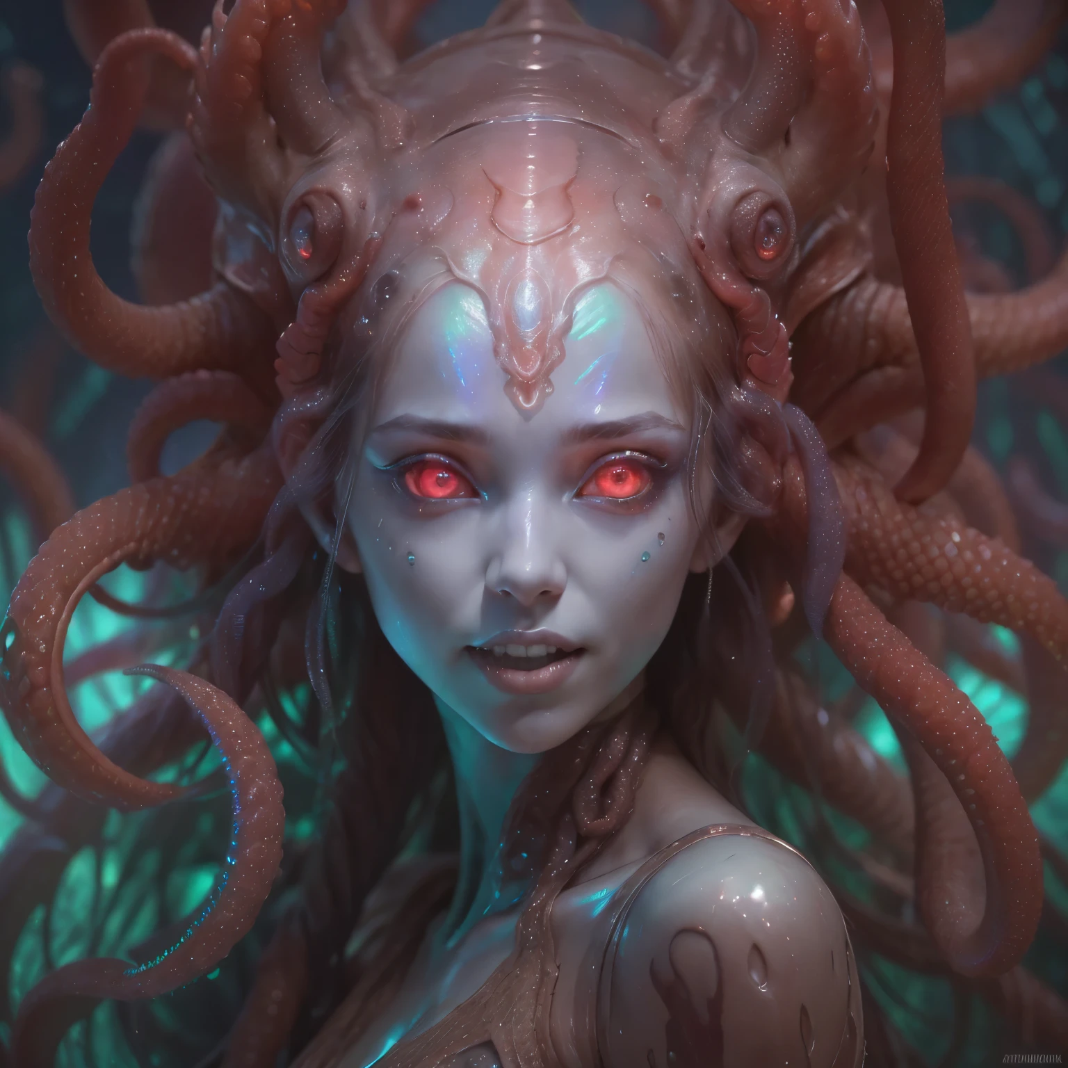 (1 beautiful and obscene female alien:1.4), (There is a female genital-like organ in the middle of her forehead:1.95), She has medusa-like hair, (there are lots of translucent tentacles from her head like her hair:1.5), (vulgarity1.7), (she is looking at viewers with glowing red eyes with no pupils:1.6), (She has translucent pale skin:1.4),(She has the most beautiful face in the history of the universe:1.2), (She has multiple bioluminescent organs on the side of her tentacles:1.4), (Her body is covered with an iridescent exoskeleton:1.6), (She is showing her arm pits:1.4), an evil gaze that seduces, (looking down:1.4), (sharp teeth like a vampire:1.2), Full body portrait, (bio luminescent:1.5), (Smile wickedly:1.3), (sexypose:1.5), alien, No humans, cells are fused, extraterrestrial, cell, bio image, ultra high resolution, (photos realistic:1.7), (Numerous award-winning masterpieces, with incredible detail, textures and maximum detail), High freshness, Dramatic Lighting, cinematic quality, (exquisite details:1.2), High freshness, drawing faithfully, (Thick eyebrows:1.2), Beautiful eyes with fine symmetry,(Highly detailed face and eyes:1.2),(Super detailed skin quality feeling:1.4), perfect anatomy, (Beautiful toned body:1.5), (Moist skin:1.2), not wearing makeup, (dark circles:1.1), long canines, cinematic drawing of characters, cinematic quality, (exquisite details:1.2), high resolution, High freshness, drawing faithfully, official art, Unity 8K Wall paper, ultra detailed artistic photography, midnight aura, unreal engine 5, Ultra Sharp Focus, art by Amano Yoshitaka, ArtGerm, Roisch, intricate artwork,ultra realistic realism, dream-like, Creation of fantasy, dream Snail, (biopunk nautilus:1.3),Thrilling color schemes, seductively smiling, Amazing mutation, well-proportioned body, goddess of the deep sea, fractal, Geometric pattern, impossible figures,(asymmetry:1.4), (white tentacles with blue stripes:1.4), subtle emerald green accents, (expression of ecstasy:1.6)