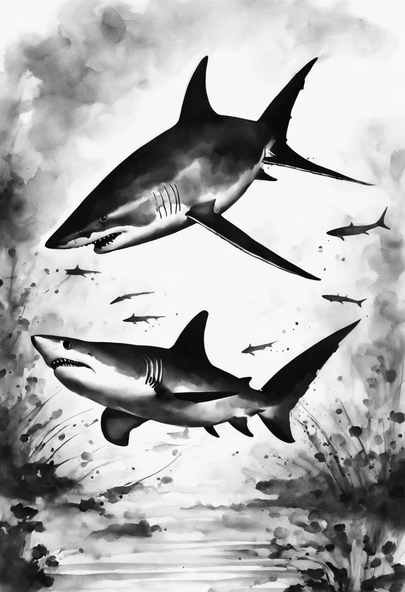 ink painting shark、black and white shark、black and white ink painting、shark ink painting、shark ink painting、no people are depicted、Ink painting of shark only、