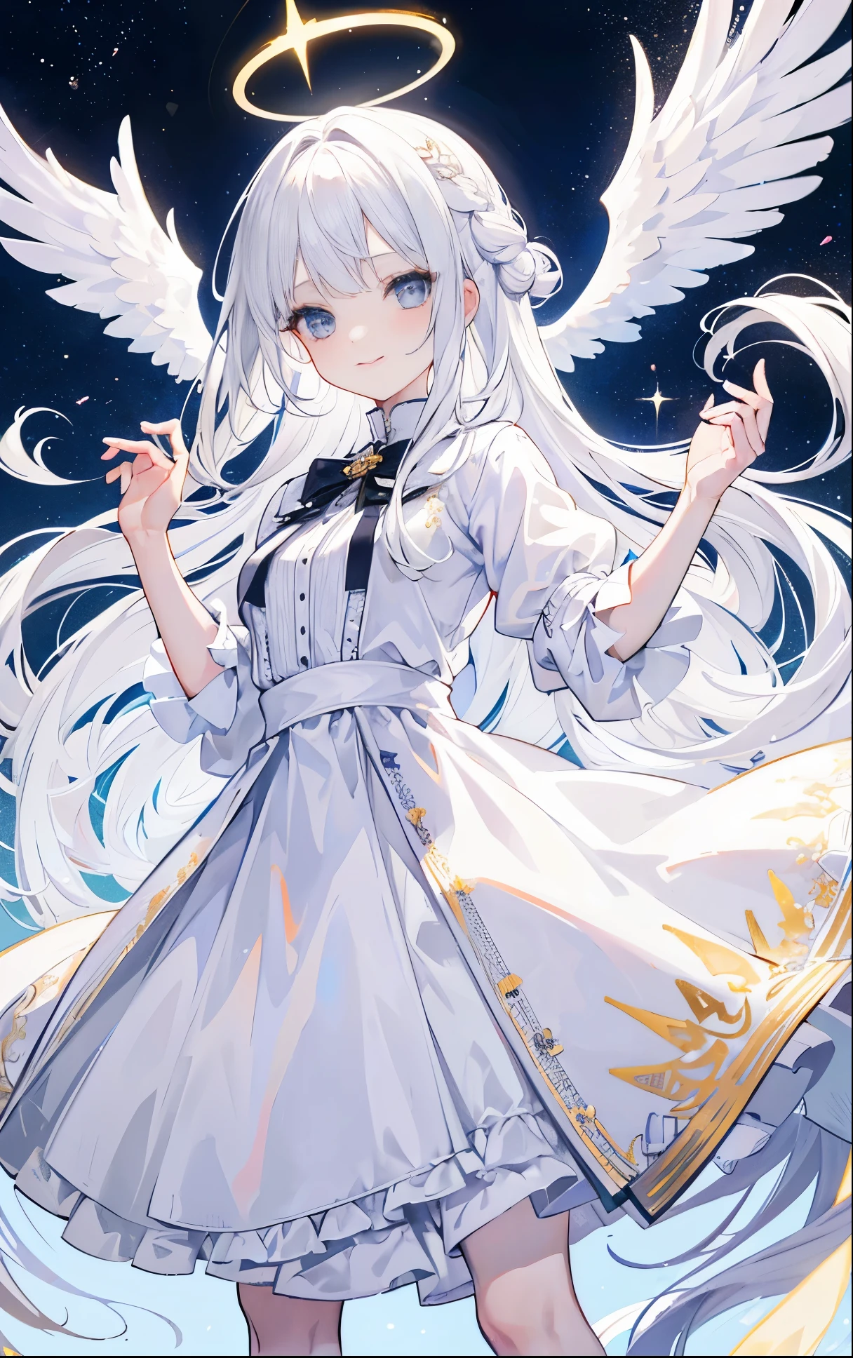 Beautiful white hair girl,angelic,Wearing a plain white dress,There is a halo above the head,French braid,long white hair,Standing in the golden wonderland,There is only one wing behind him,with smile,high and high