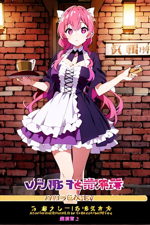 A pink haired woman with violet eyes is presenting a piece of cake.